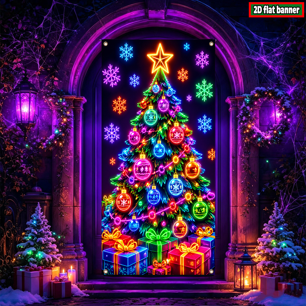 TEMU 2d Flat Banner, 1pc, -dark Uv Fluorescent Christmas Theme Banner, Polyester, Fluorescent Christmas Tree Colorful Hanging Ornament Snowflake Gift