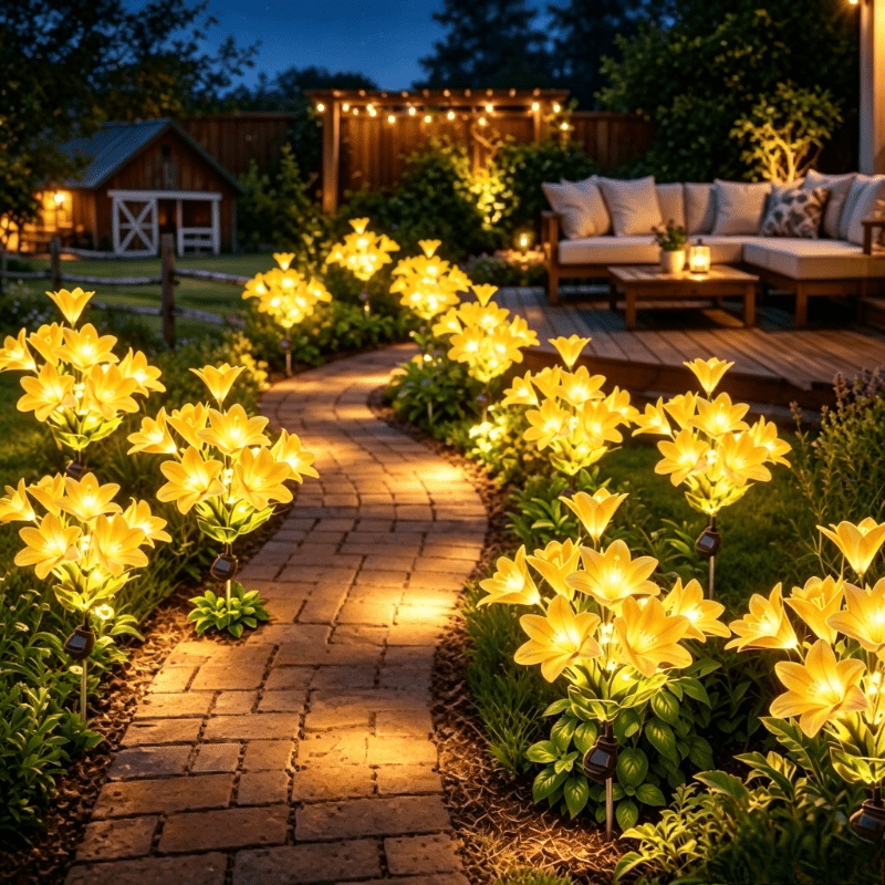 TEMU Solar-powered Yellow Lily Ground Stakes, Each Stake Features 7 Artificial Lily Flowers With A Warm Light Effect. Ideal For Halloween And