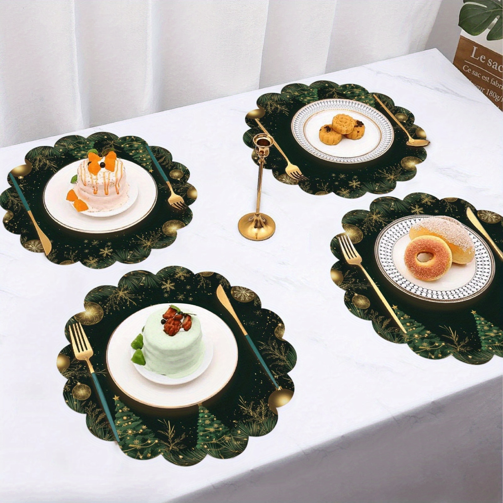 

4pcs Christmas Round Scalloped Placemats Christmas Tree (2) , , Table For Dining