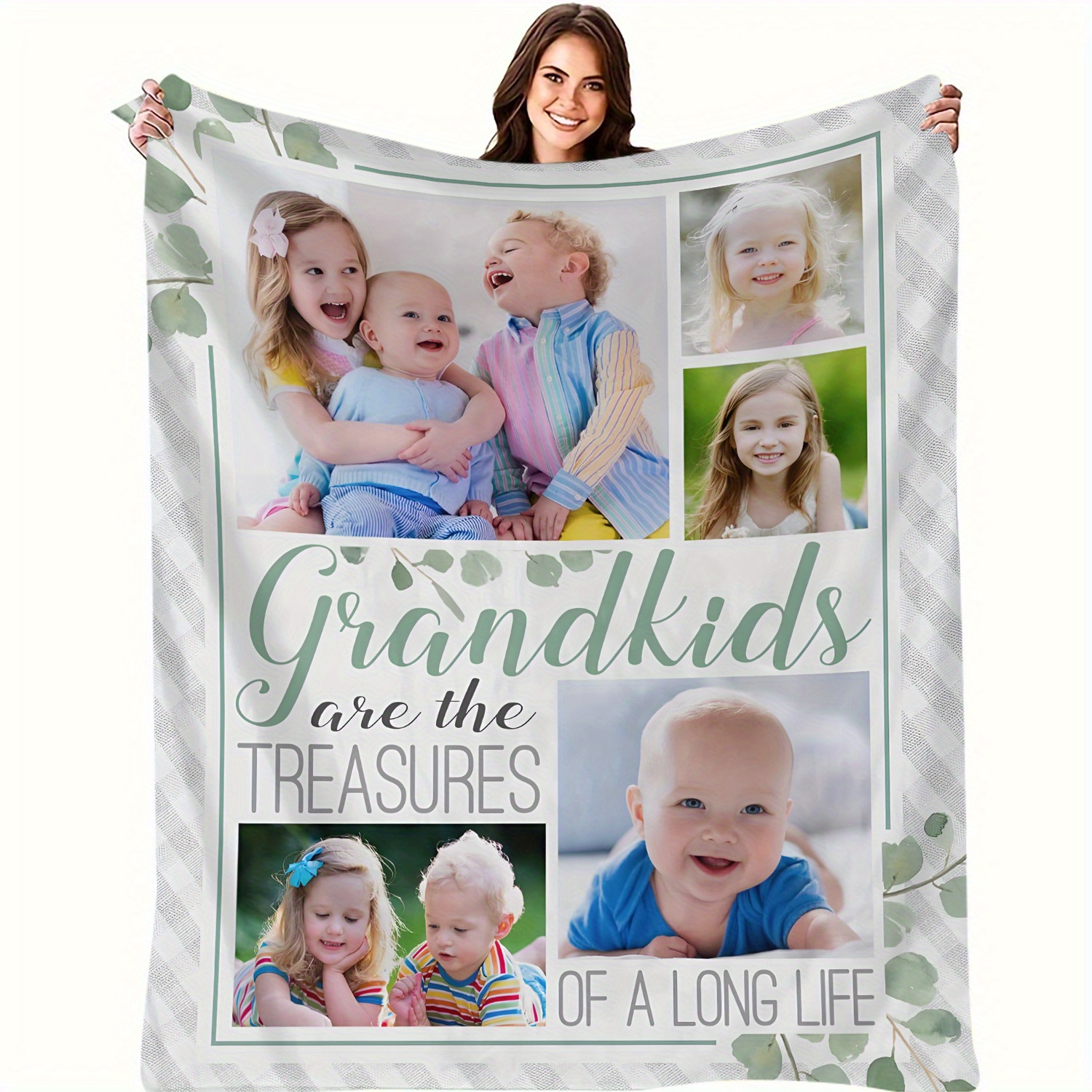 TEMU Personalized Grandkids Photo Blanket - Cozy Flannel Throw With Custom Picture Collage, Perfect Gift For Grandparents, For , Ideal For Couch,, &