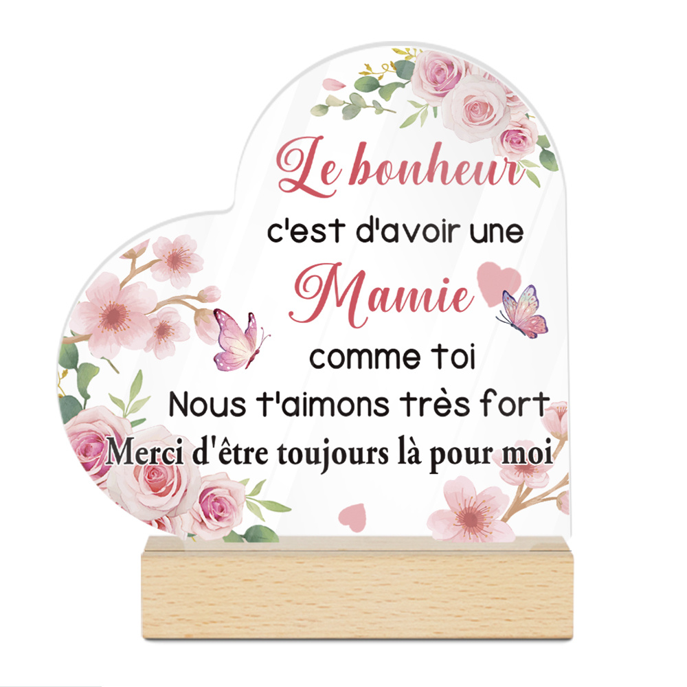 TEMU Plaque acrylique plate 2D de cœur de style français avec base en bois - Motif floral avec message bilingue anglais/français « Si d'avoir une toi