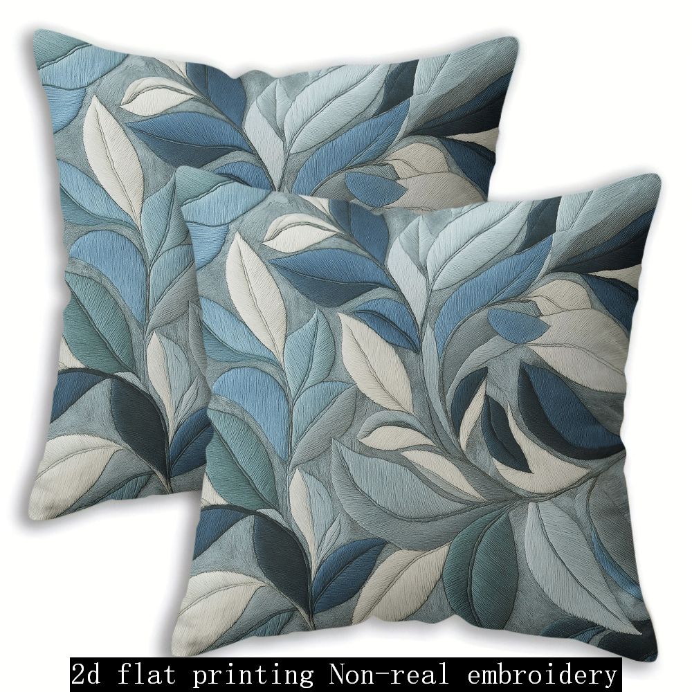 Image of 2pcs Set, Blue And Gray Abstract Leaf Pattern Pillowcases, Multiple Sizes , 2d Single-sided Print, Zippered, Machine Washable Polyester, Suitable For Sofa, Bed, And Decor, Pillow Inserts Not Included