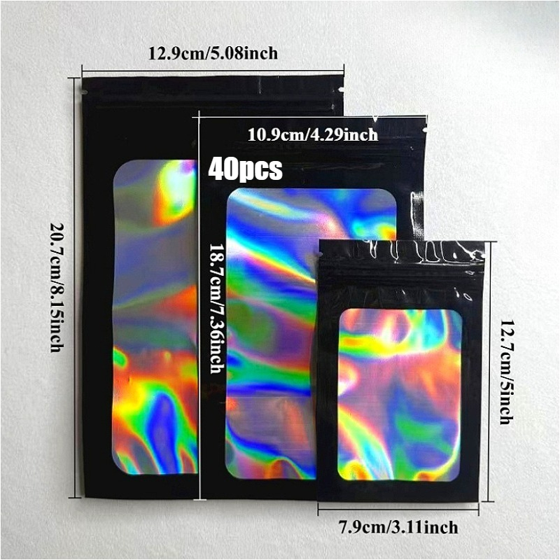 TEMU Lot de 40 sacs auto-adhésifs holographiques laser noirs, sacs d'emballage réutilisables épaissis avec fermeture éclair, sacs d'emballage cadeau