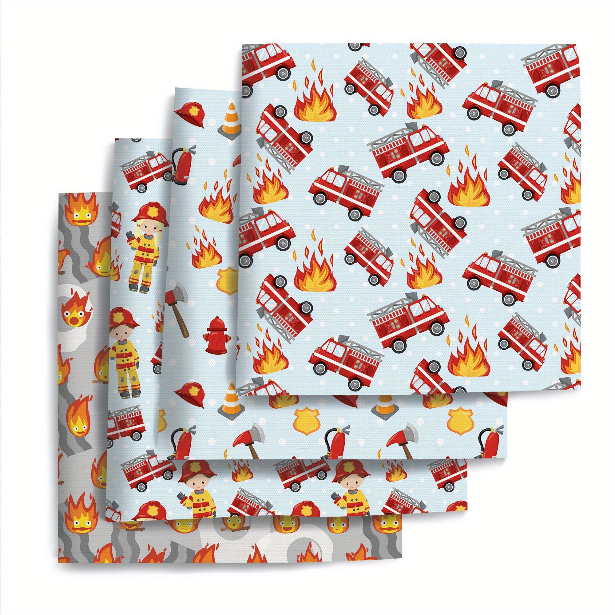 Image of 4pcs/set 19.68x17.7inch (50x45cm) Fire Truck Series Precut Quilting Fabric Fat Quarter Fabric Bundle, Polyester Quilting Squares For , Crafts Projects, Wallet Making