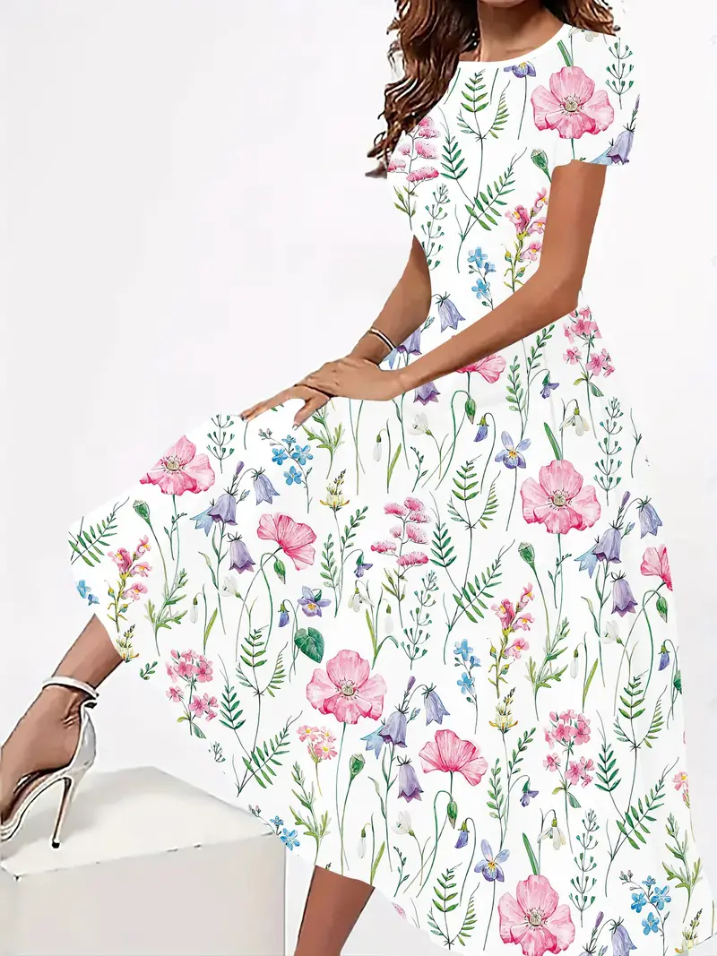 womens elegant short sleeve a line dress with all over floral print fitted round neck medium washable for spring summer fall casual semi formal wear seasonal fashion middle eastern style flowy skirt style Product details 0