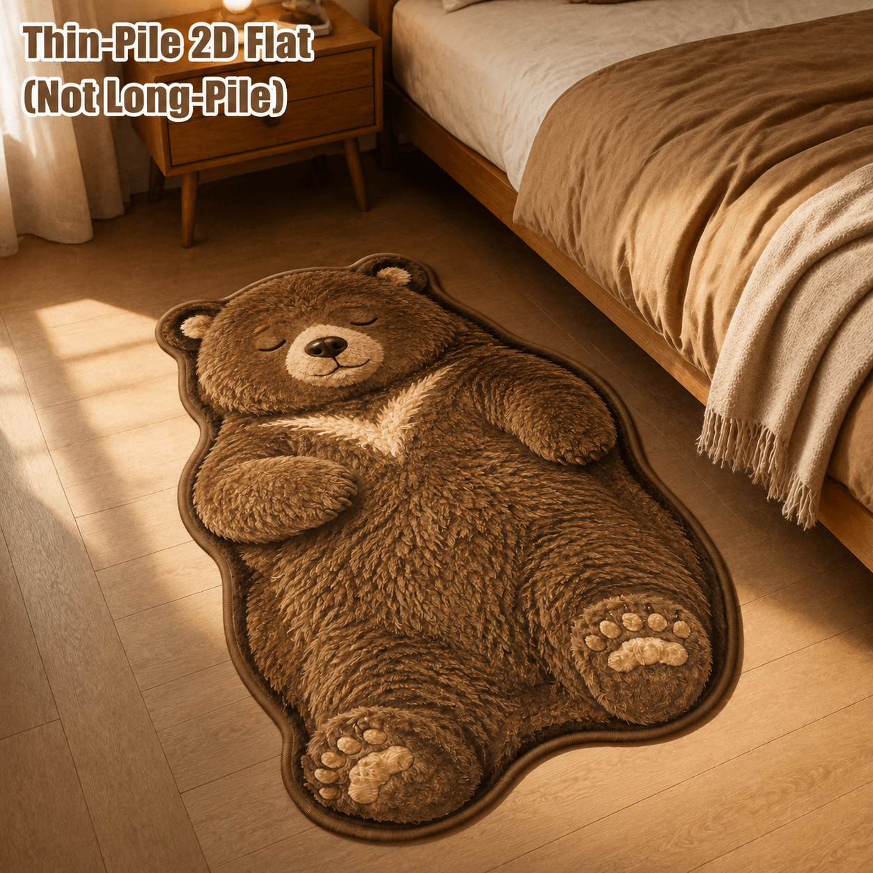 TEMU 2d Flat, 1pc Velvet 850g/ã¡ 9mm Bathroom Anti-slip Mat, Thin Velvet 2d Printed Non-long Pile, Sleeping Brown Bear Irregular Shape Rug,