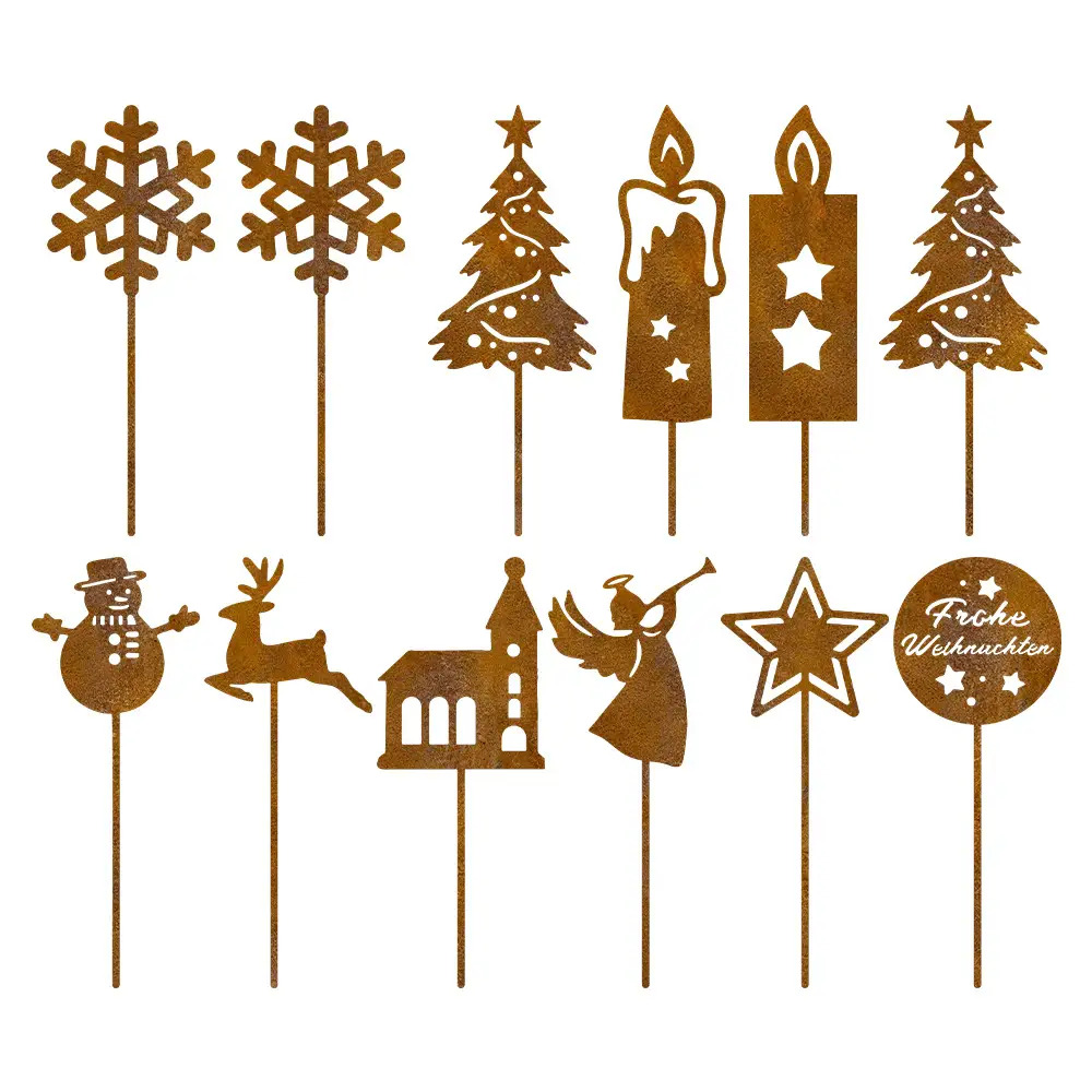 TEMU 2D Flach, 12 Weihnachtsgartensäulen im rustikalen Stil - Klassische Außendekorationen mit Schneeflocken, Rentieren und festlichen Mustern, kein