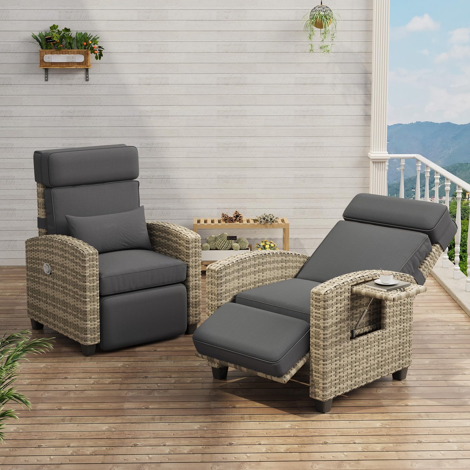 outdoor rattan lounge chair with adjustable backrest and footrest rattan adjustable lounge chair with   small table outdoor lounge chair with cushion brown rattan earthy gray