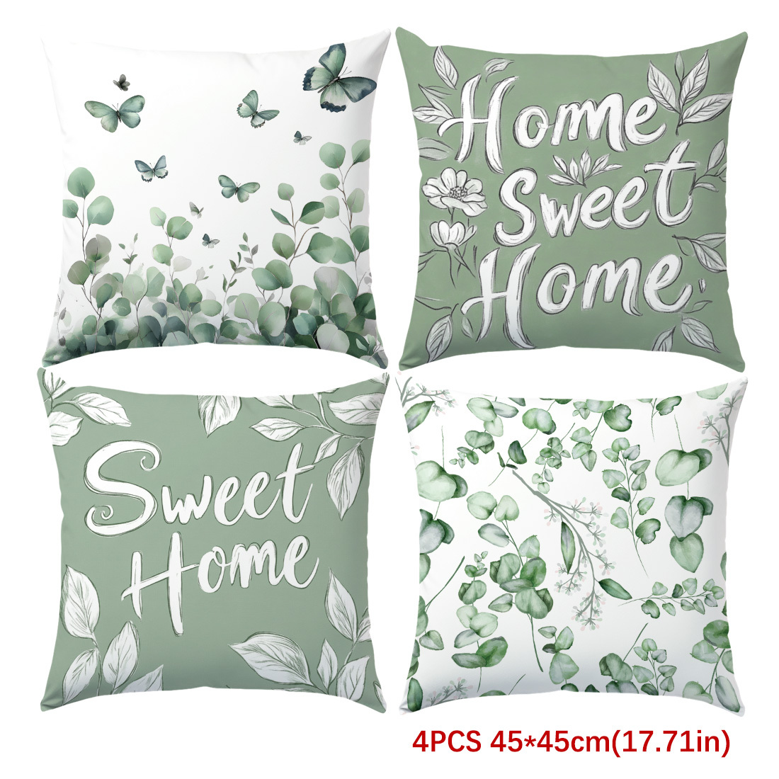 E-shop 4er-Set, einseitig bedruckte Kissenbezüge, grüne Eukalyptusblätter Sweet Home Kissenbezüge, 15.75x15.75in/17.71x17.71in/19.68x19.68in,