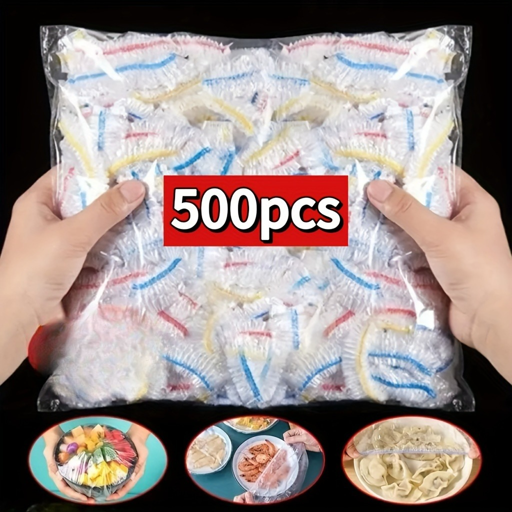 TEMU 500pcs New Upgraded Plastic Food Preservation Lids With Elastic Bands, Transparent Seals For Leftovers, Fruits, Rice, Microwave And Refrigerator