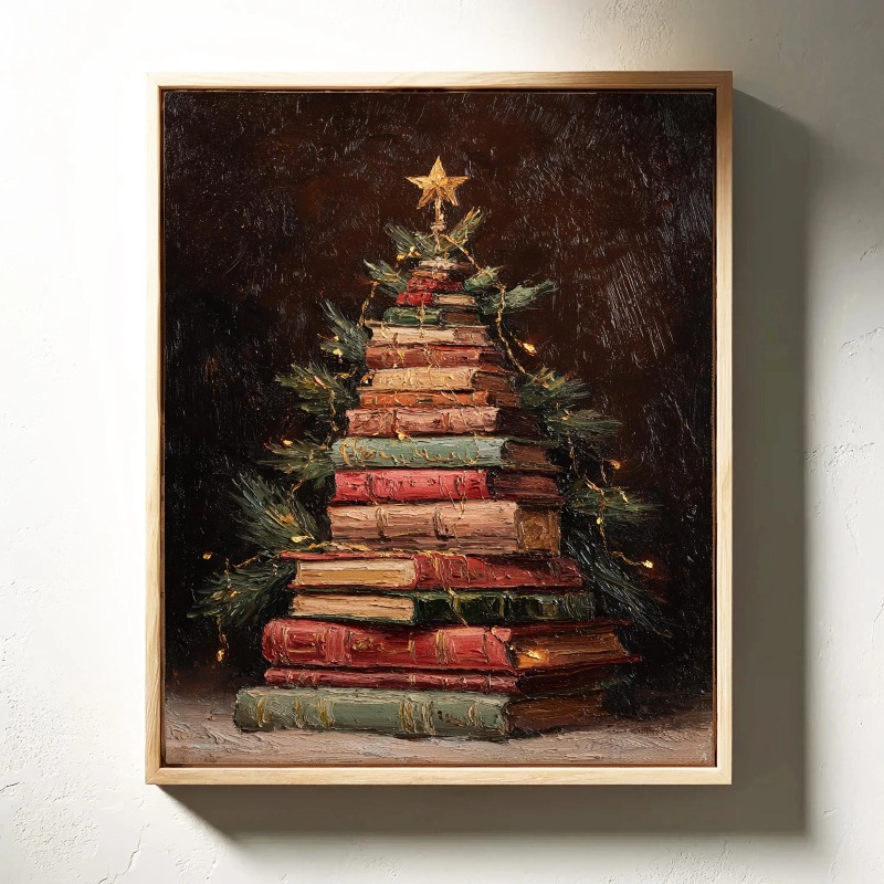 TEMU 2D Plat, 2D Plat, 1pc 2D Plat Livres Empilés Vintage Arbre de sur Toile Cadre | Style Peinture à l'Huile, Impression sur Toile, Murale, Convient