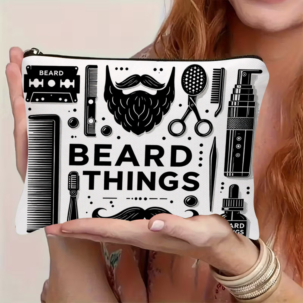 TEMU 1pc 2d Flat-printed Retro Beard Grooming Cosmetic Bag, With "beard Things" Text & Beard Care Tool Patterns, Zipper Closure, Lightweight &