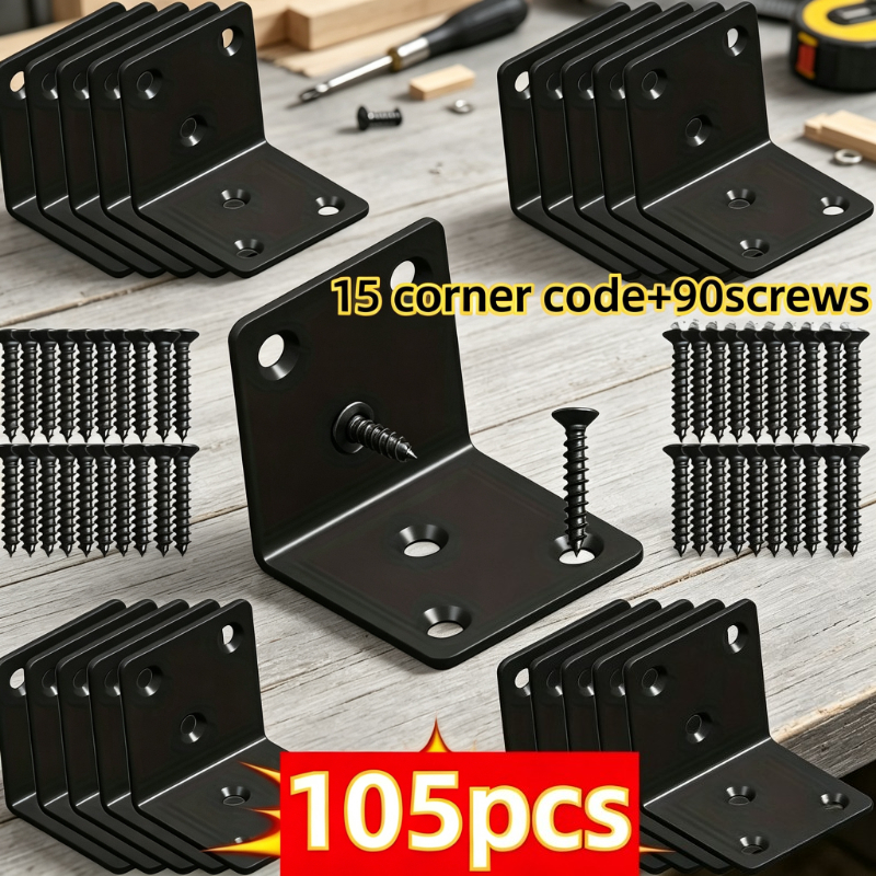 TEMU Industrial Corner Bracket Screw Set 105-pack Includes 15 Brackets And 90 Screws Heavy Duty Black L-shaped Adjustable Height Pre-drilled For Easy