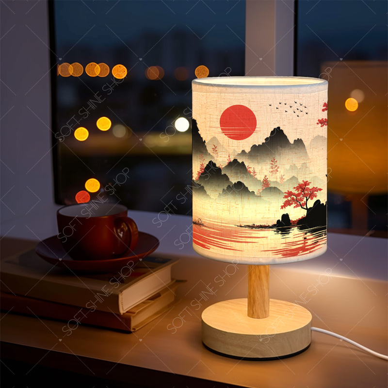 USB-Powered Print Table Lamp with Fabric Shade, Cozy Decor