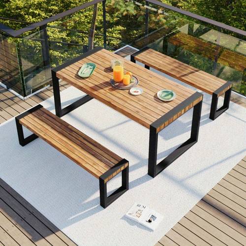 go 3pcs outdoor dining table with 2 benches patio dining set with unique top texture acacia wood top and all weather use for outdoor and indoor natural