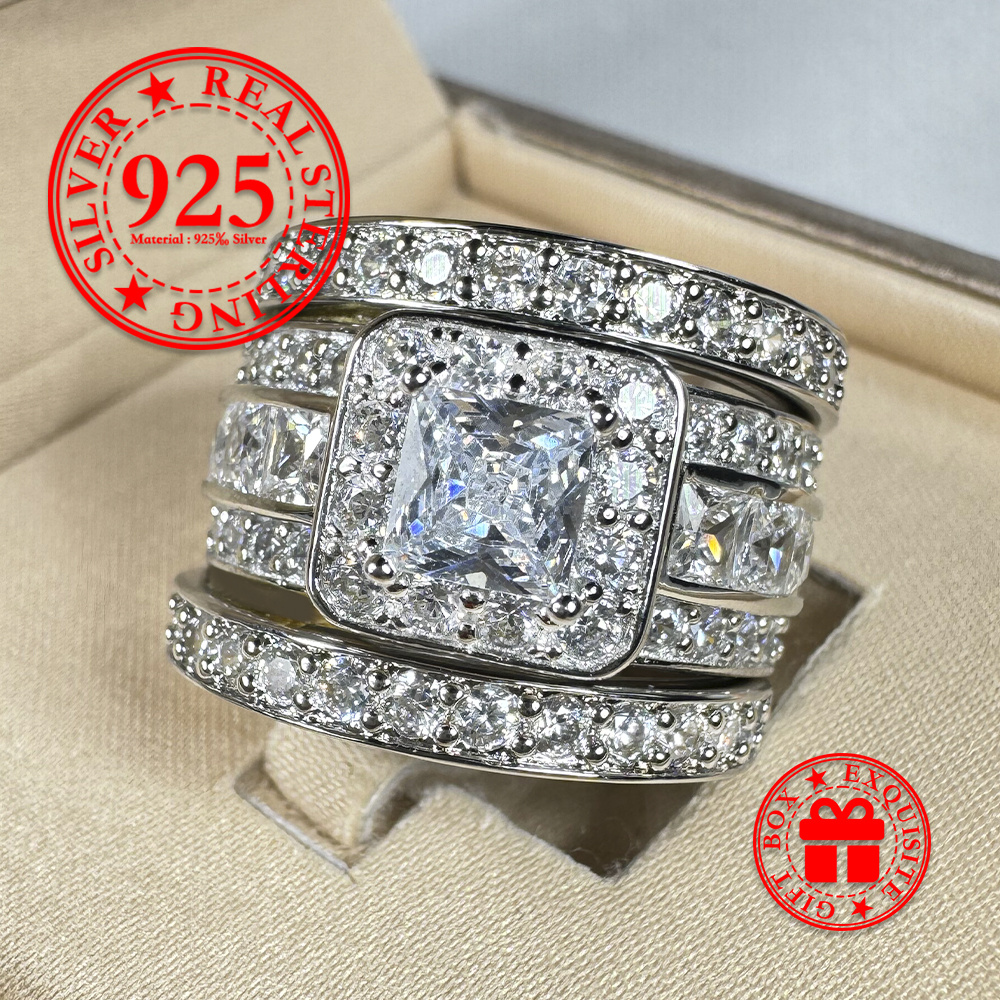 925 Sterling Silver Princess Square Zirconia Ring, Three-Piece Set, Halo Set, Women'S Wedding Ring