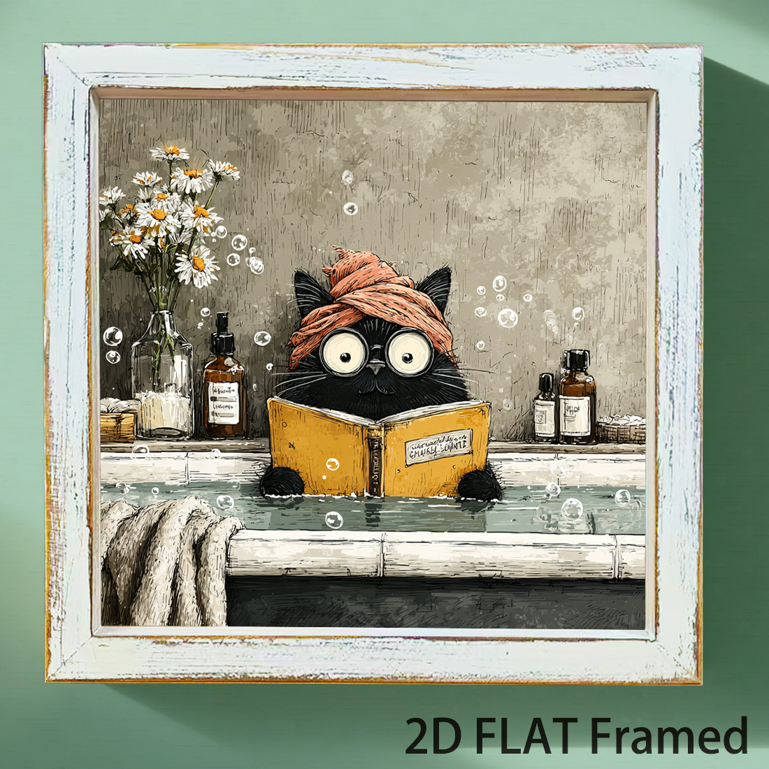TEMU Stampa su Legno per Bagno 2D Piatto, 8x8 Pollici - Stile , Gatto Capriccioso che Legge un Libro con Bolle, per Decorazione Casa, Decorazione