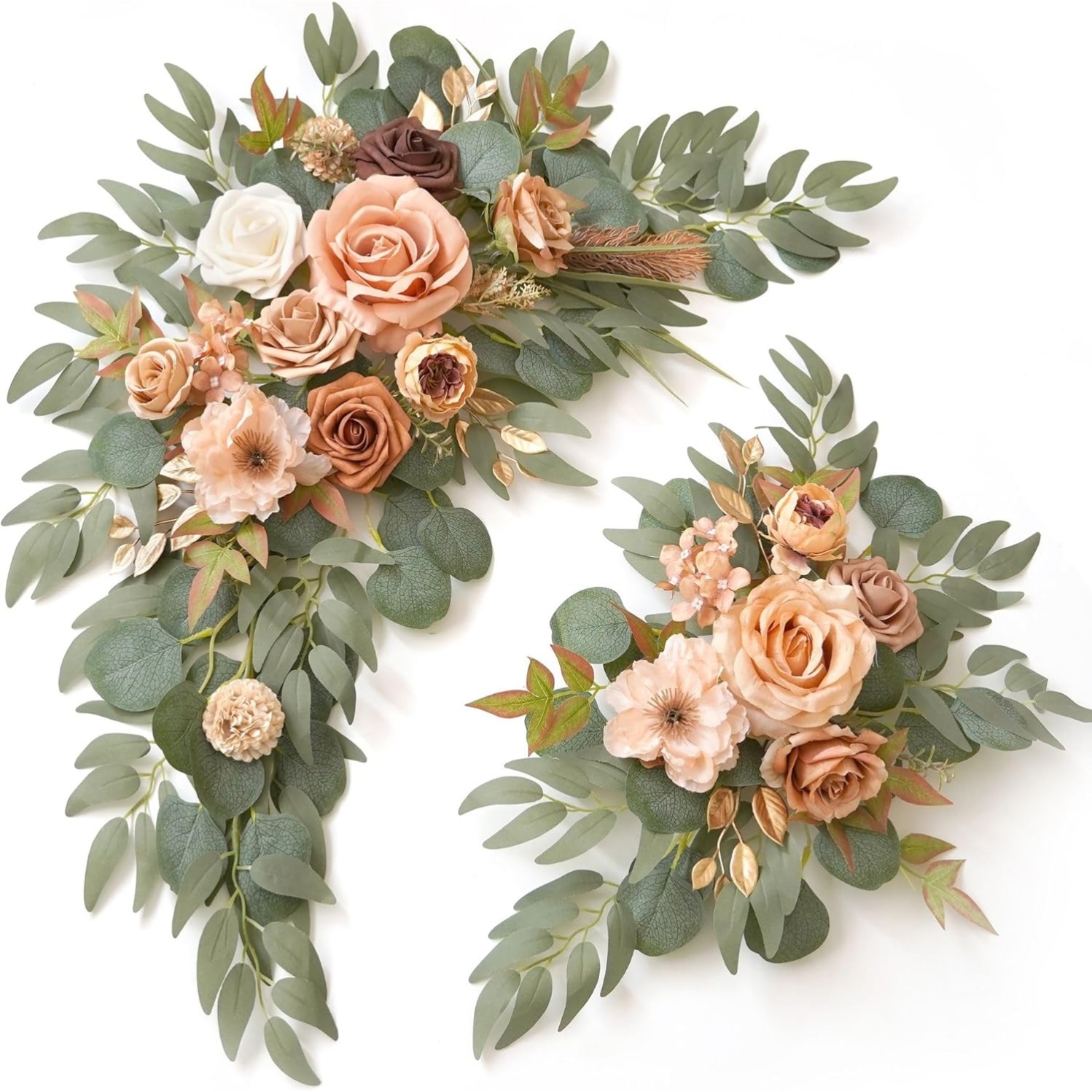 Image of 2pcs Retro Caramel Rose Eucalyptus Artificial Flower Set Wedding Welcome Home Decoration Floral Background Decoration Home Light Luxury Fake Flower Arrangement