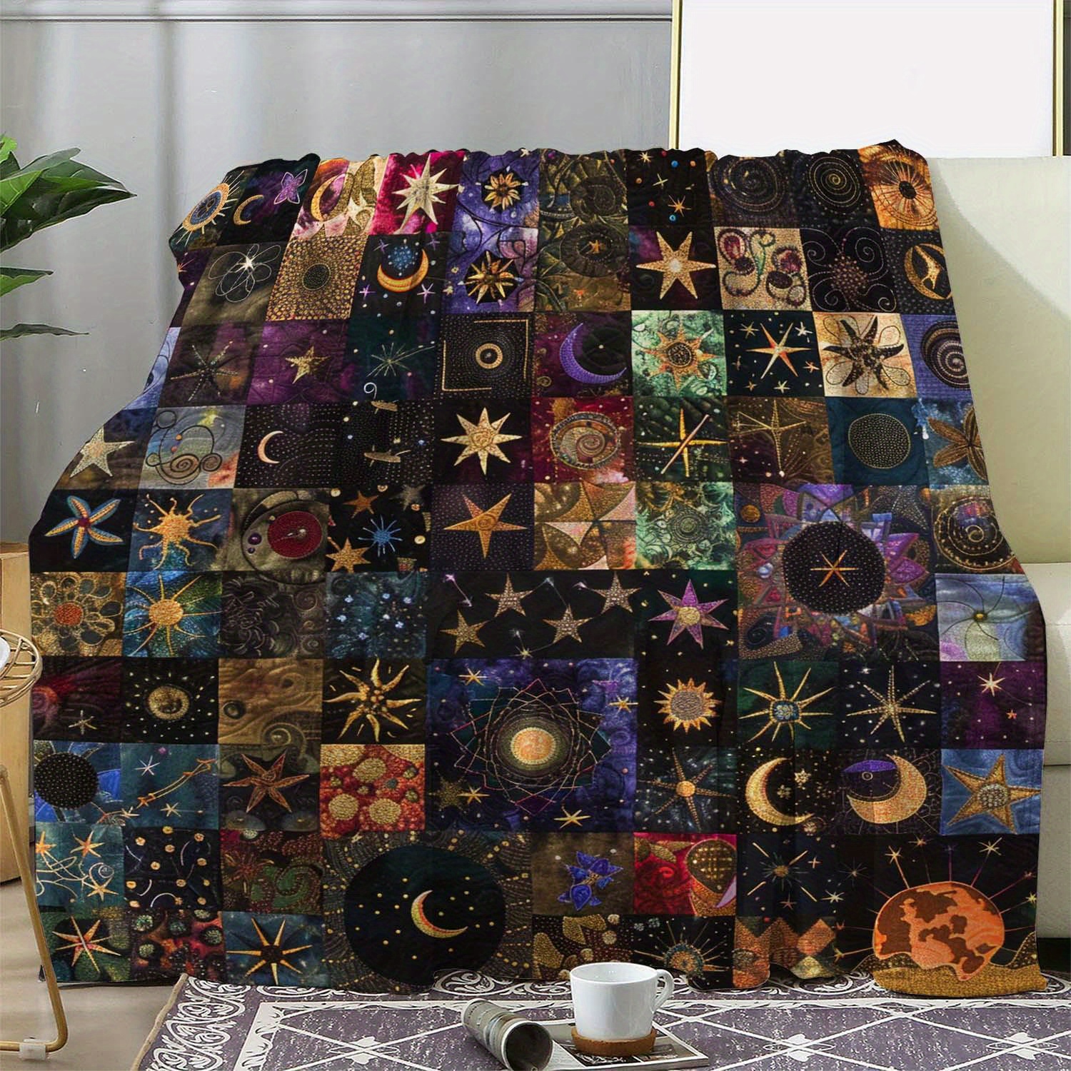 TEMU 1pc Vintage Style Flannel Fleece Blanket, Star And Moon Print , Soft Cozy Warm Throw For Sofa Bed Couch Car Office Camping Travel, Gift Blanket,