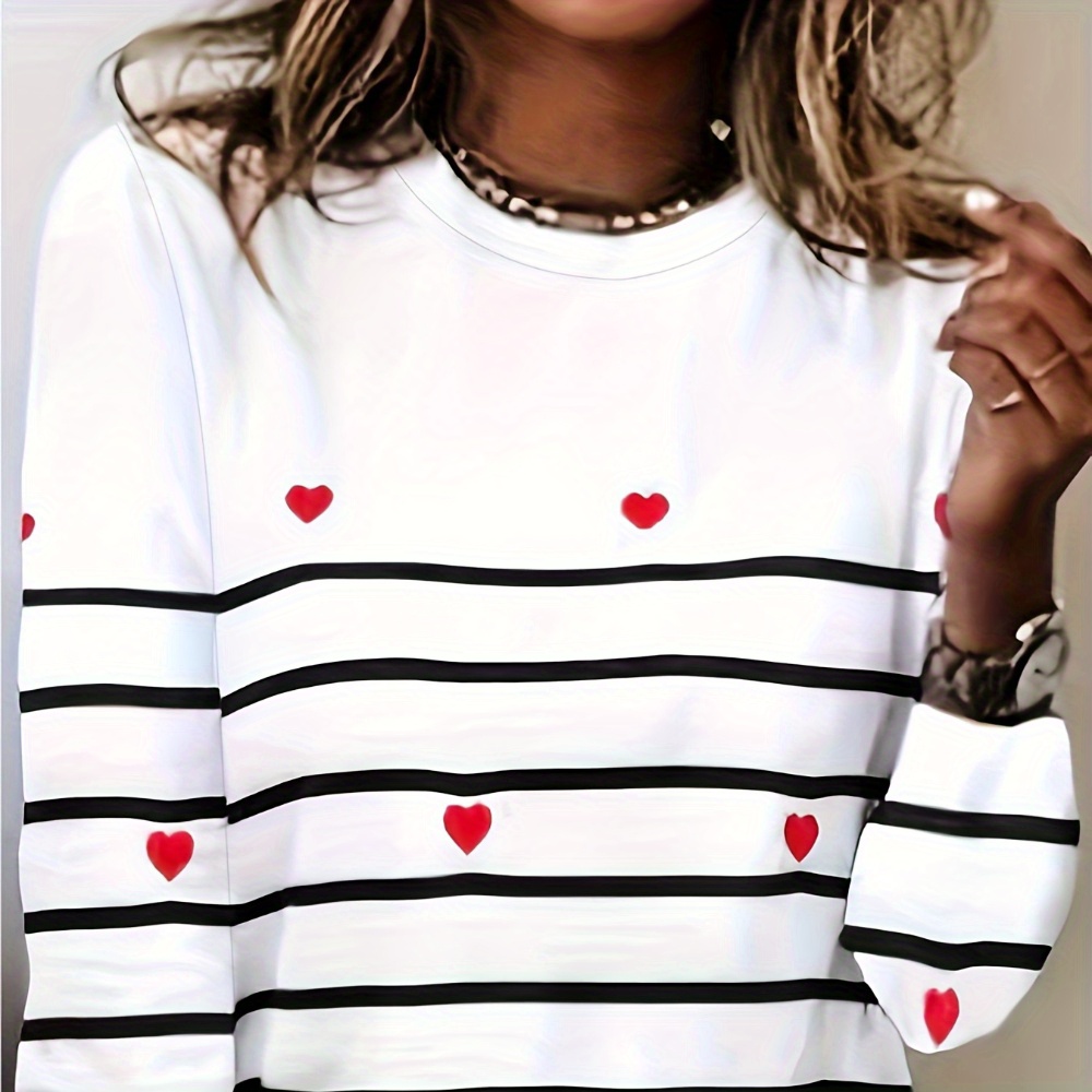 TEMU Women's Casual Black & White Striped Crew Neck Long Sleeve T-shirt With Red Heart Accents - Machine Washable, Ladies T Shirts,, Graphic Tee, Nontransparent Fabric