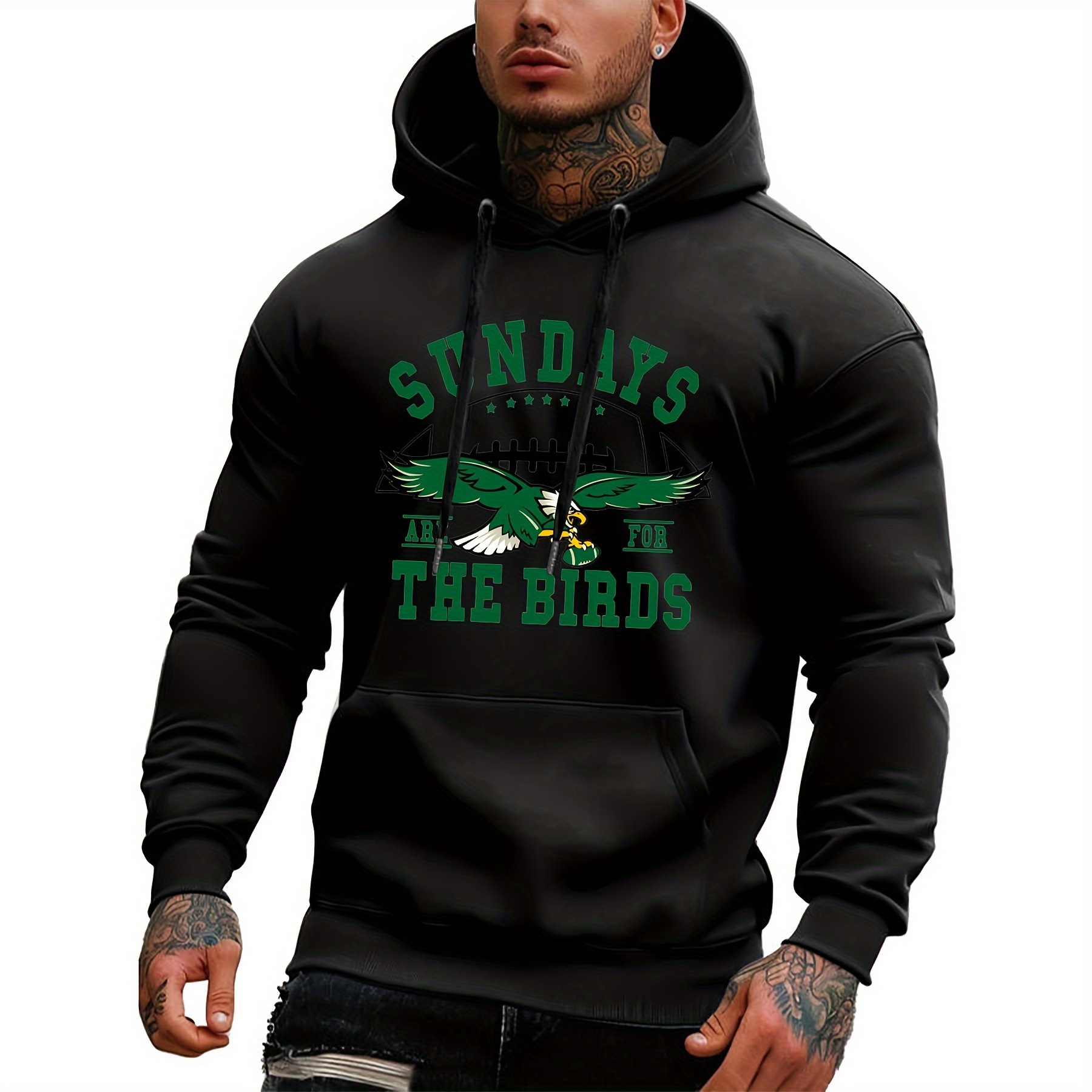 

philadelphia Football" Hoodie To Birds-casual Polyester Pullover, Geometric Eagle Pattern, Long Sleeve With Kangaroo Pocket, For Autumn And Winter Season