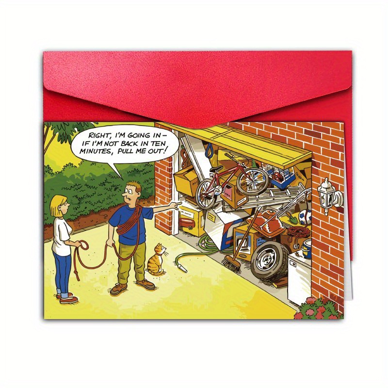 TEMU 1pc Greeting Card + Envelope, Humorous Birthday Card | Cartoon Garage Scene With Bicycle Repair Theme | Multicolor And Red Envelope | Suitable