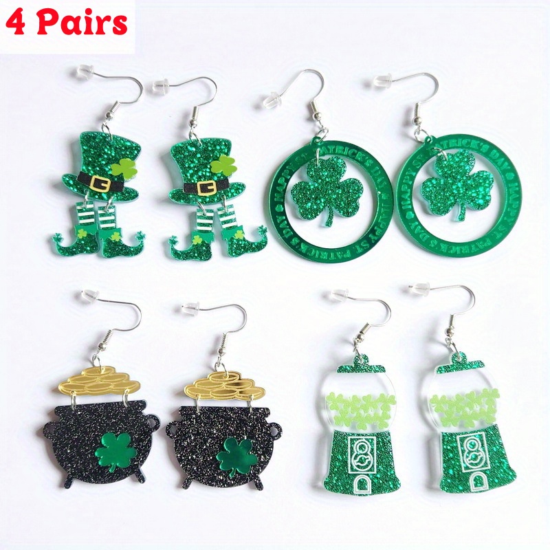 TEMU 4 Pairs 's Day Earrings Set, Glitter Clover Acrylic Dangle Earrings, Holiday Jewelry, 's Day Gift