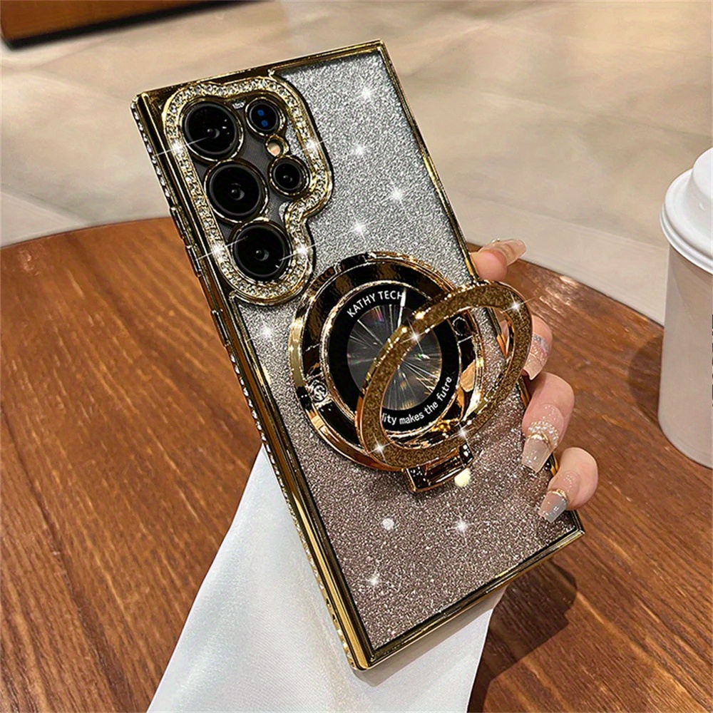 Phone Case: Glitter Gradient Rhinestone Magnetic Mirror Bracket Case For S25 S23 S22 Plus Fe A55 A35 A16 A56 A36 Girl
