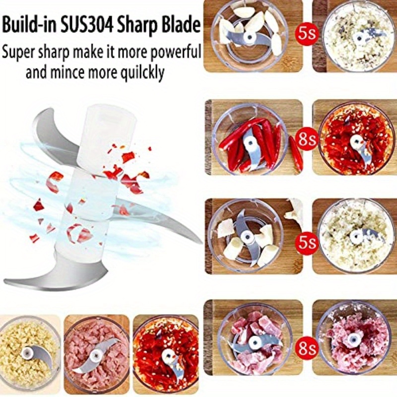 1-touch operation powerful electric mini food chopper with 8.45oz & 3.38oz bowls - 45w motor, 2-in-1  , usb-powered cordless-like operation, bpa-free & waterproof, 304 stainless steel blades, safety lock & induction system, compact & portable for garlic, meat, vegetables, food grinder (ideal for small kitchens, camping, travel) -   & easy-clean (usb-powered), manual vegetable chopper, big vegetable chopper Product details 3