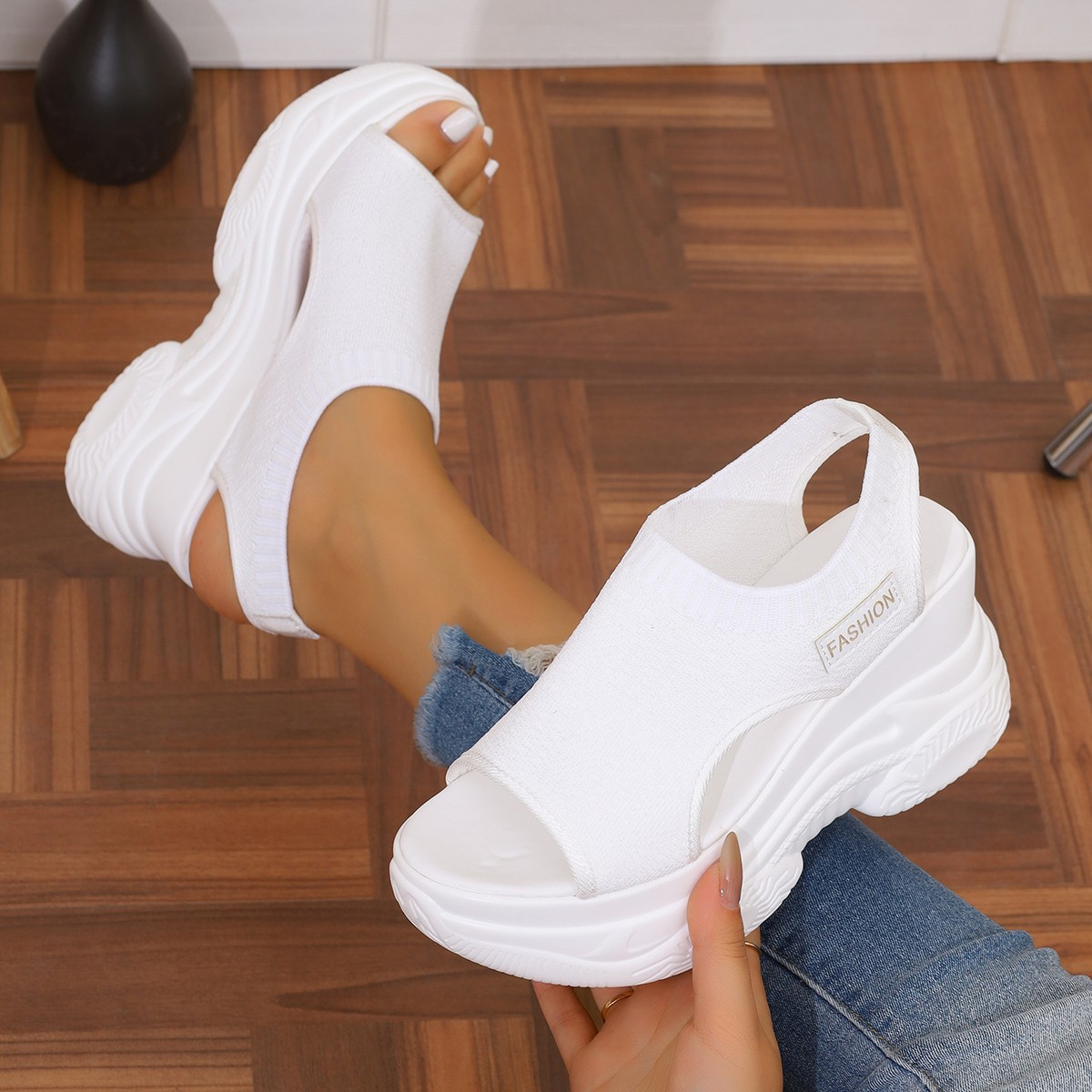 womens fashion high heels thick sole slip on sandals open toe fabric upper lining rubber sole elegant   for outdoor wear strappy sandals Product details 0