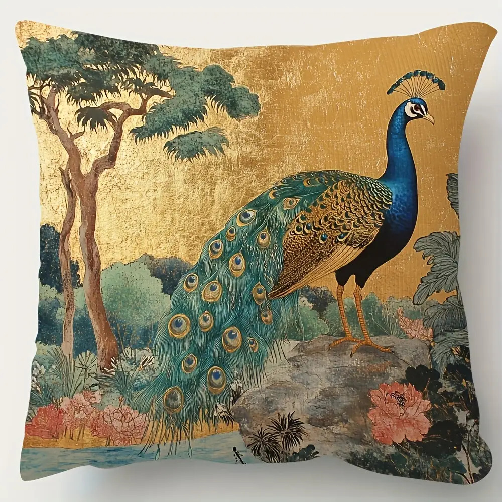TEMU 1pc Traditional Oriental Style Pillowcase, Garden Peacock , Single-sided Printing, Suitable For Sofa, Living Room, Office Decoration- Does Not ,