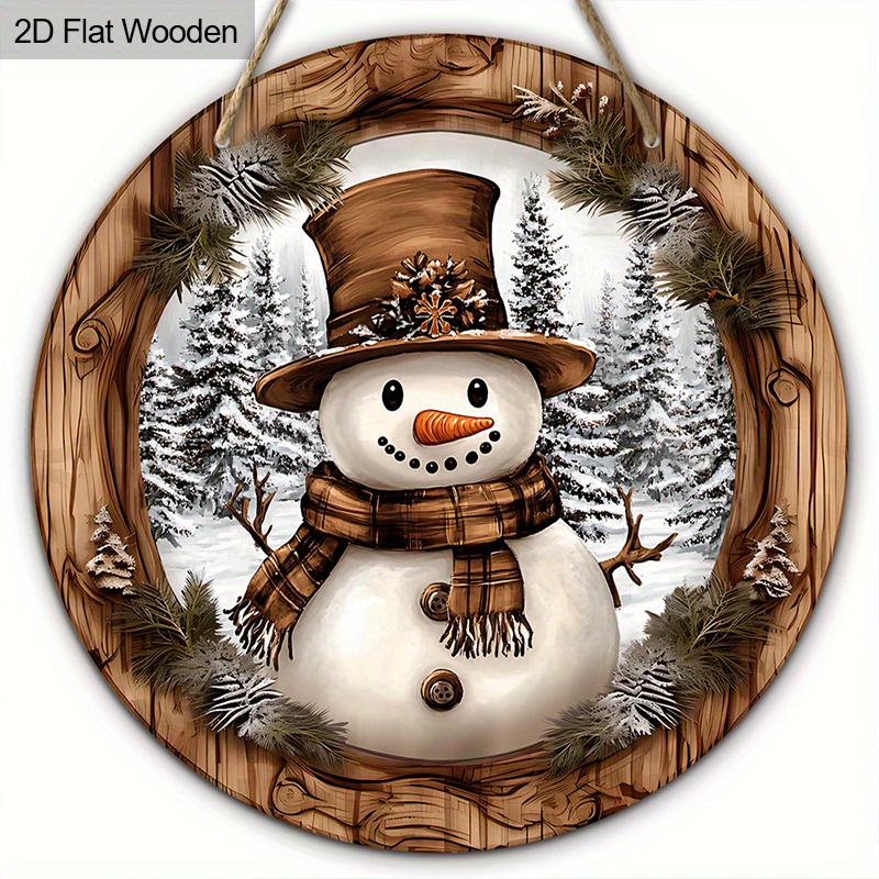 TEMU 2D Plat, Geschikt voor Alle Vier Seizoenen, Kerstmis Komt Eraan 2D Plat, Houten Vintage Kerst Sneeuwpop Decoratie - Rond Wandbord met Sneeuwpop,