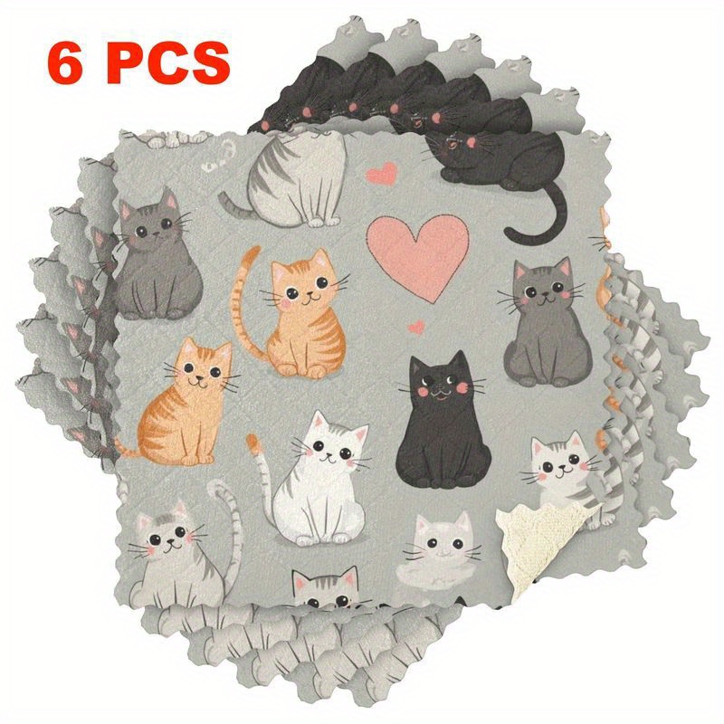 TEMU 3/6pcs Kitchen Dishcloths Cartoon Cat Pattern Reusable Cleaning Cloth Microfiber Scouring Pad Strong Water Absorption Easy To Wash Thickened
