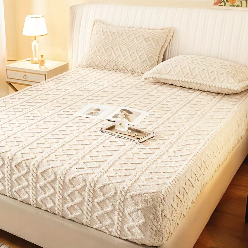Tofu Fleece Fitted Sheet Queen Size Ultra Soft Plush Velvet Feel Cozy Warm Bedding Deep Pocket Elastic