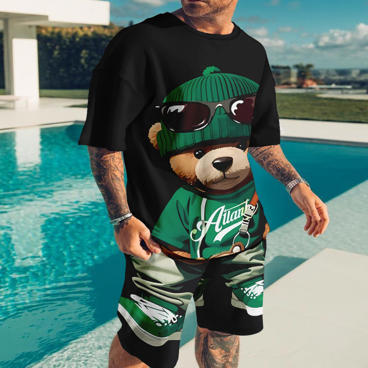 

1set Men's Casual Sportswear Set, 3d Printed Summer Outfit With Round Neck T-shirt And Shorts, Breathable Polyester And Spandex , Regular Fit