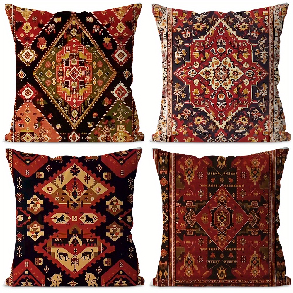 

4pcs, Ethnic Red-brown Geometric Pattern Throw Pillow - Soft And Comfortable Sofa Pillow For Living Room, Bedroom, Home Decor Cushions - Cover With No Pillow