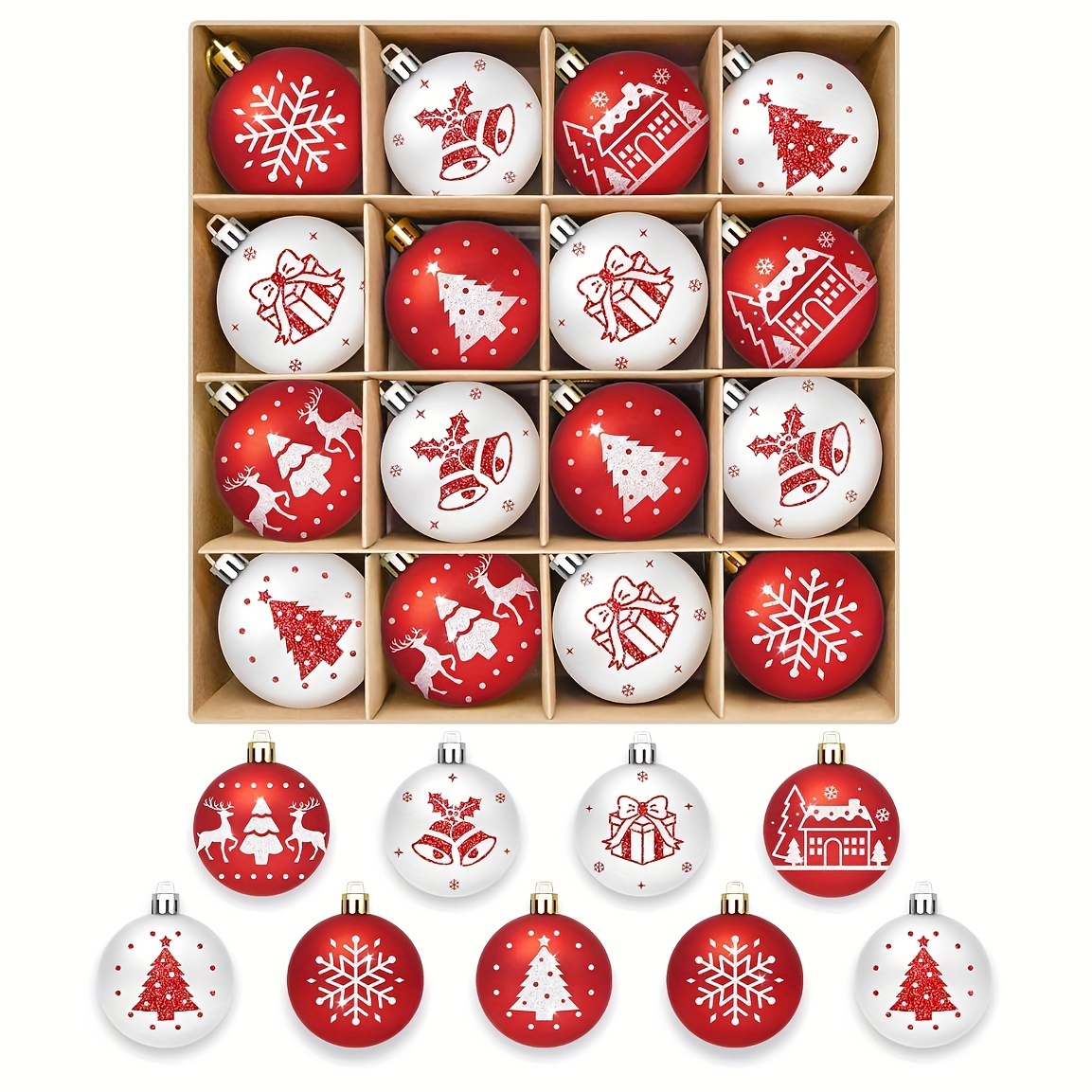 Image of 16pcs, 6cm/2. Red And White Christmas Ball Decorations, Small Christmas Tree Ornaments, Christmas Tree Decoration Hangers, Small Christmas Decorations, White, Red (hanging Caps )