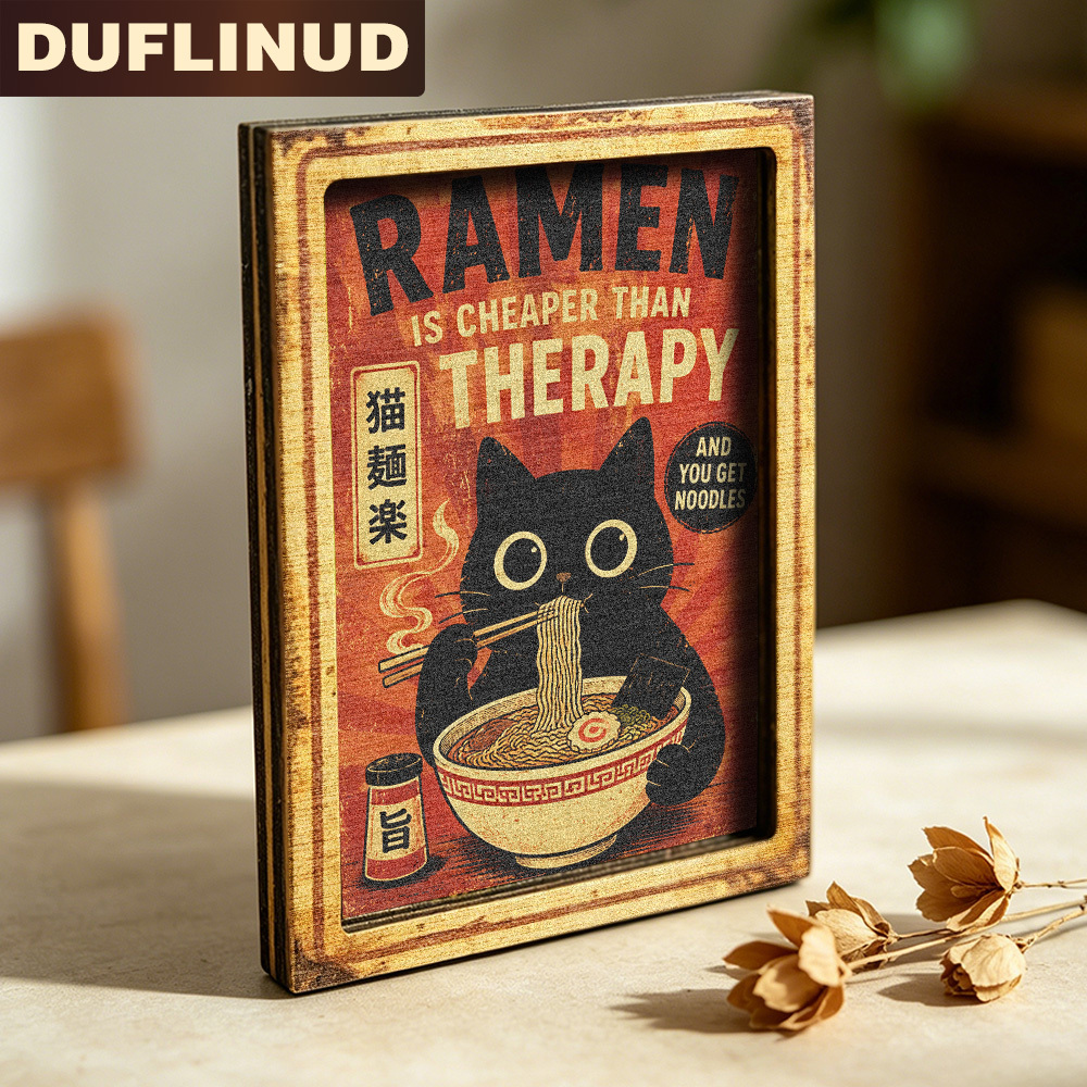 TEMU Ramen-themed Refrigerator Magnet, Mini Decorative Sign With Vintage-style Black Cat Eating Noodles Design, Wooden Fridge Magnet, Fun Japanese-