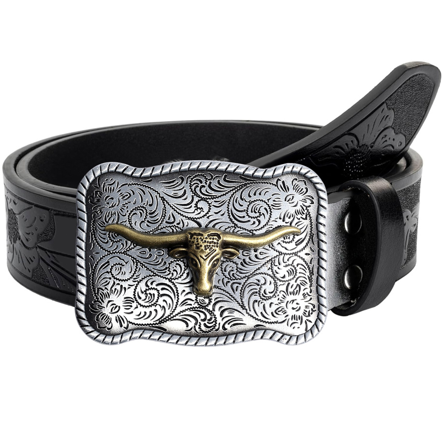 mens womens western belt carved floral faux leather strap - Temu display picture 1