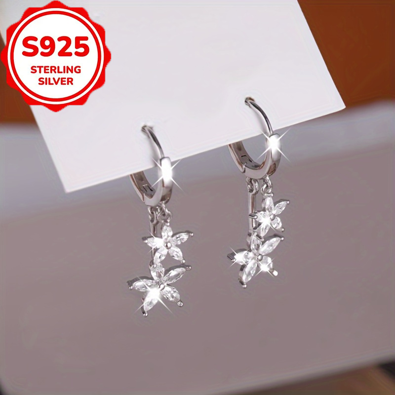 TEMU Pair Of 925 Silvery Hypoallergenic Beautiful Flower Earrings, 2g Double Flower Drop Earrings, Elegant Classical, Suitable For Women, Wife,