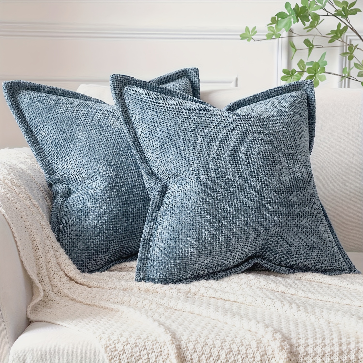 2pcs Simple Cushion Cover For Living Room Sofa Or Bedroom, Made Of Chenille Fabric With A Small Checkered Weave Pattern And Piped Edges