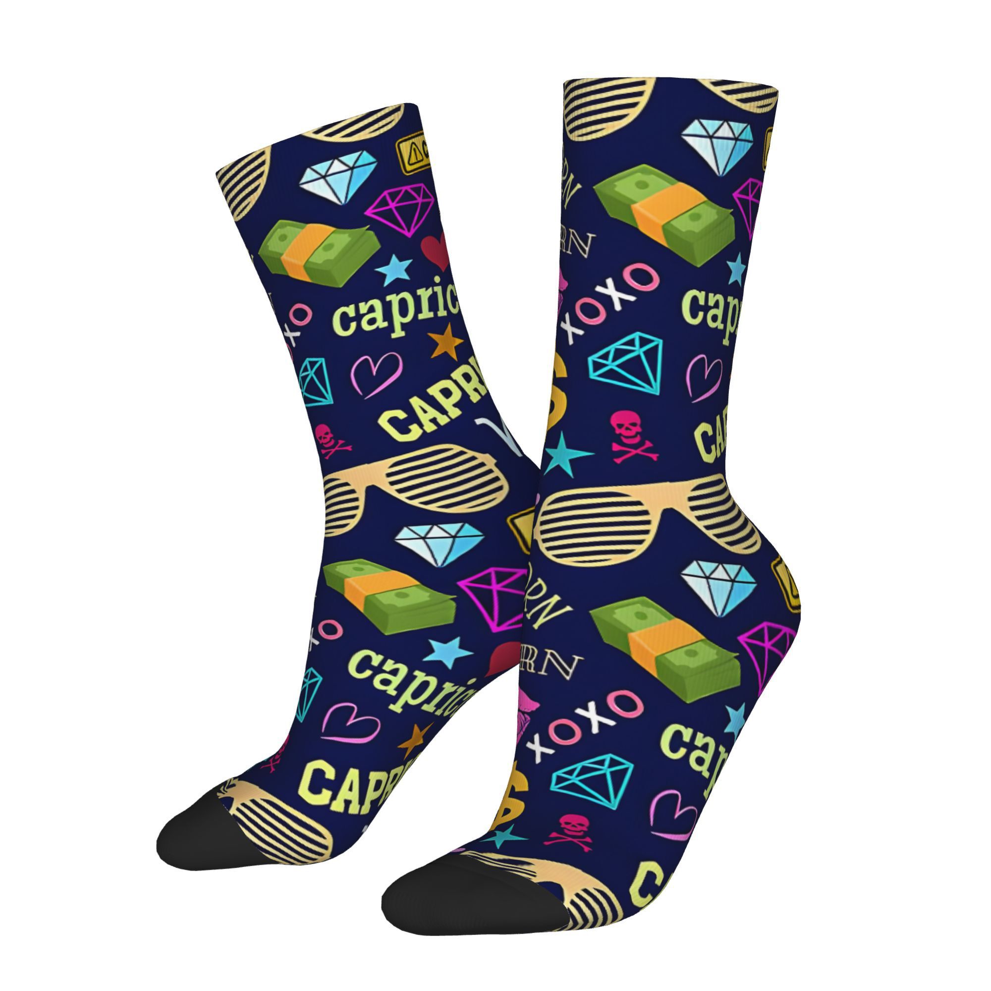 

Zodiac Crew Socks For Men - 1 Pair Polyester Knit Fabric Socks With Retro Style & Neon Novelty Print - Hand Washable Hip Hop Gift - 95% Polyester, 5% Elastane