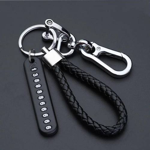stylish keychain with phone number plate for men featuring a and a easy woven faux leather rope to prevent losing car keys