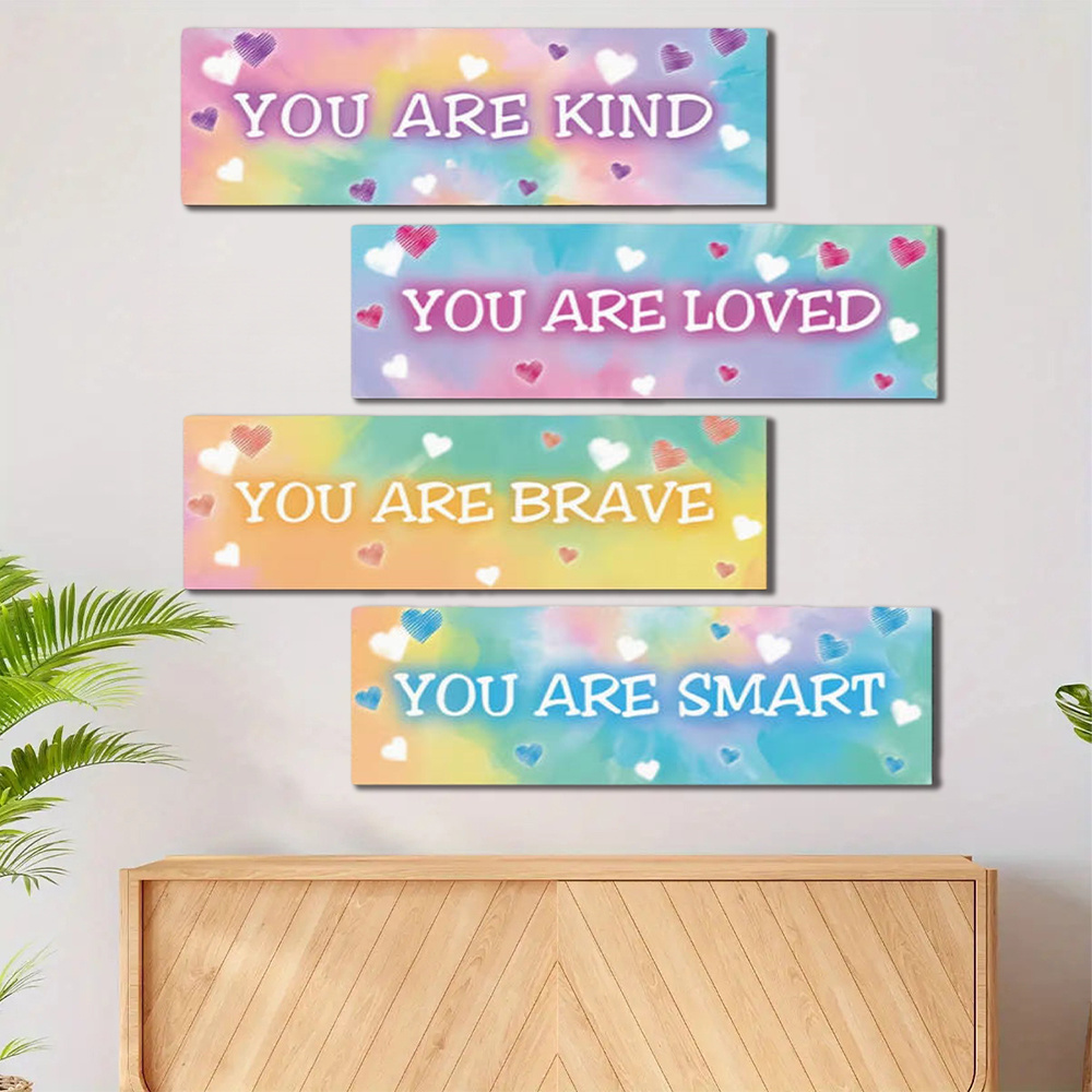 TEMU 2d Flat, 2d Flat, Wall Decoration, A Set Of 4 Colorful Heart-shaped Rectangular Wooden Plaques For Christmas (size 9.84x3.93in), Featuring