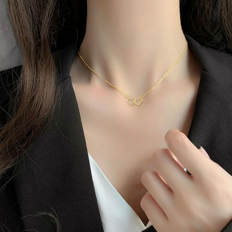 Interlocking Hearts Titanium Steel Necklace for Women Durable Elegant Collarbone Chain Love Theme Jewelry 2025
