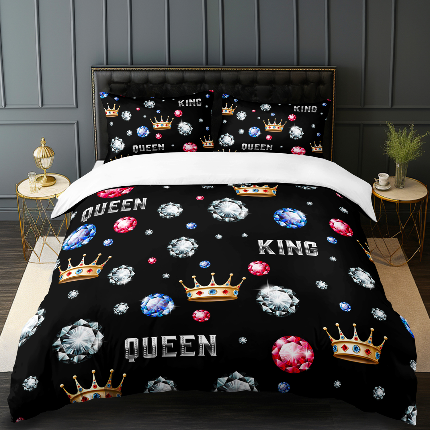 3pcs king queen crowns and diamonds 3  printed duvet cover set romantic couple bedding set for   queen size black bedding for bedroom or   decor polyester comforter cover gift 1 quilt cover 2 pillowcases Product details 4