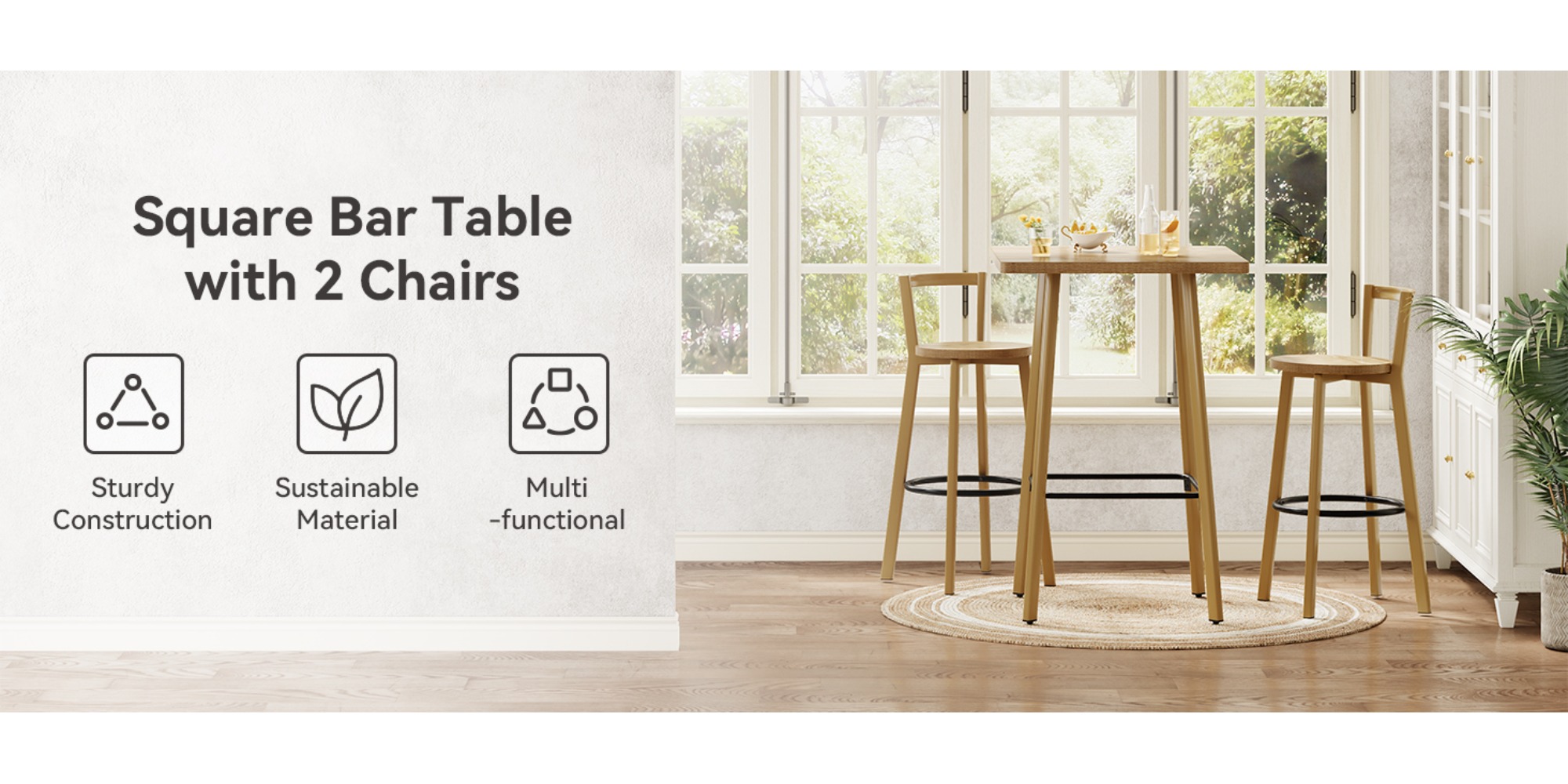 2-Seater Bar Table And Chair Set, 39.4' Height Square Bistro Pub Table with 2 Chairs & Footrest, Compact Cocktail Bar Height Table Set for Small Space, Dining Area, Cafe, Kitchen, Living Room, Apartment & Balcony