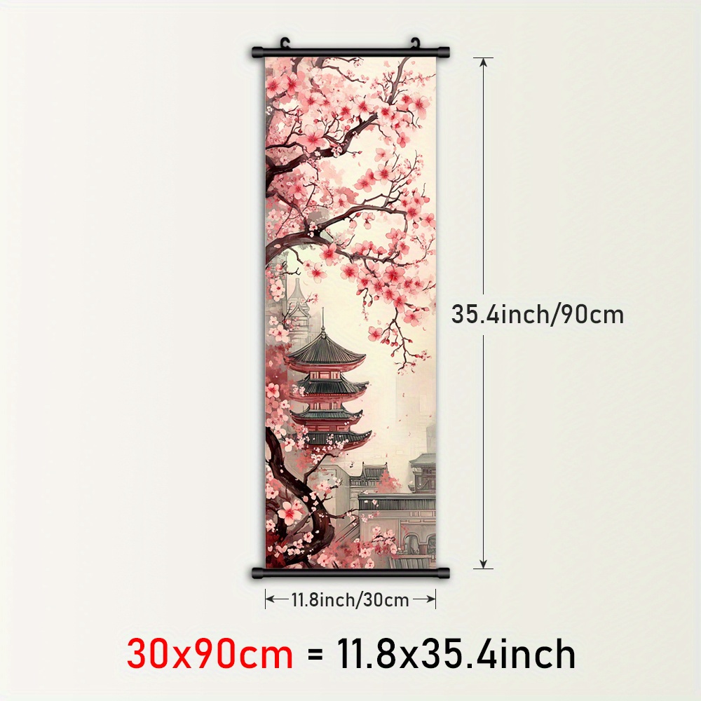 TEMU 1pc Japanese Anime-inspired Framed Wall Art - Cherry Blossoms & Pagoda Spring Scroll Painting, Vertical Canvas Poster With Plastic Frame &