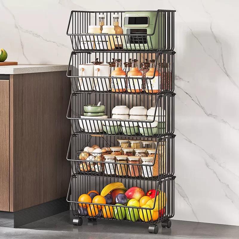 TEMU 5- Tier Stackable Wire Storage Baskets With Wheels, Metal Rolling Utility Cart, Large Capacity Rack For Kitchen Bathroom And Laundry Bathroom