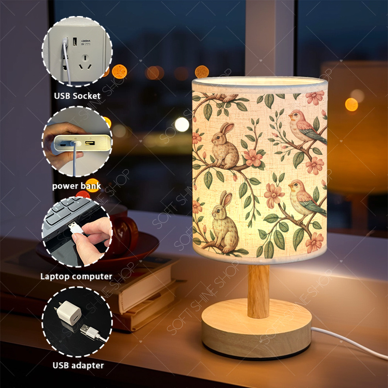 USB-Powered Print Table Lamp with Fabric Shade